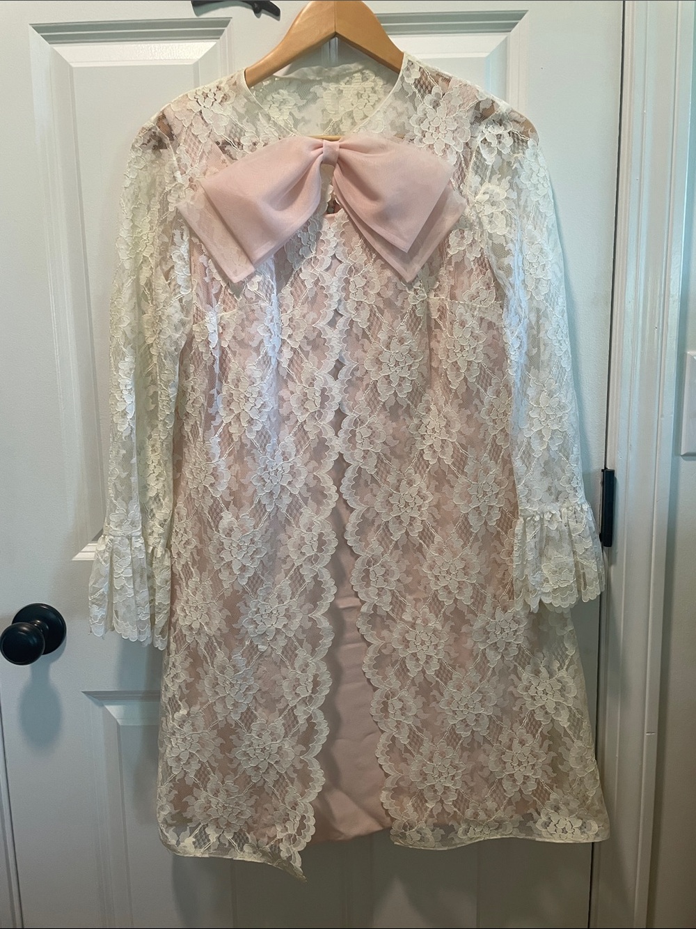 Vintage 60s Women's Long Sleeve Lace Dress with Pink Bow and Pink Mod Underdress